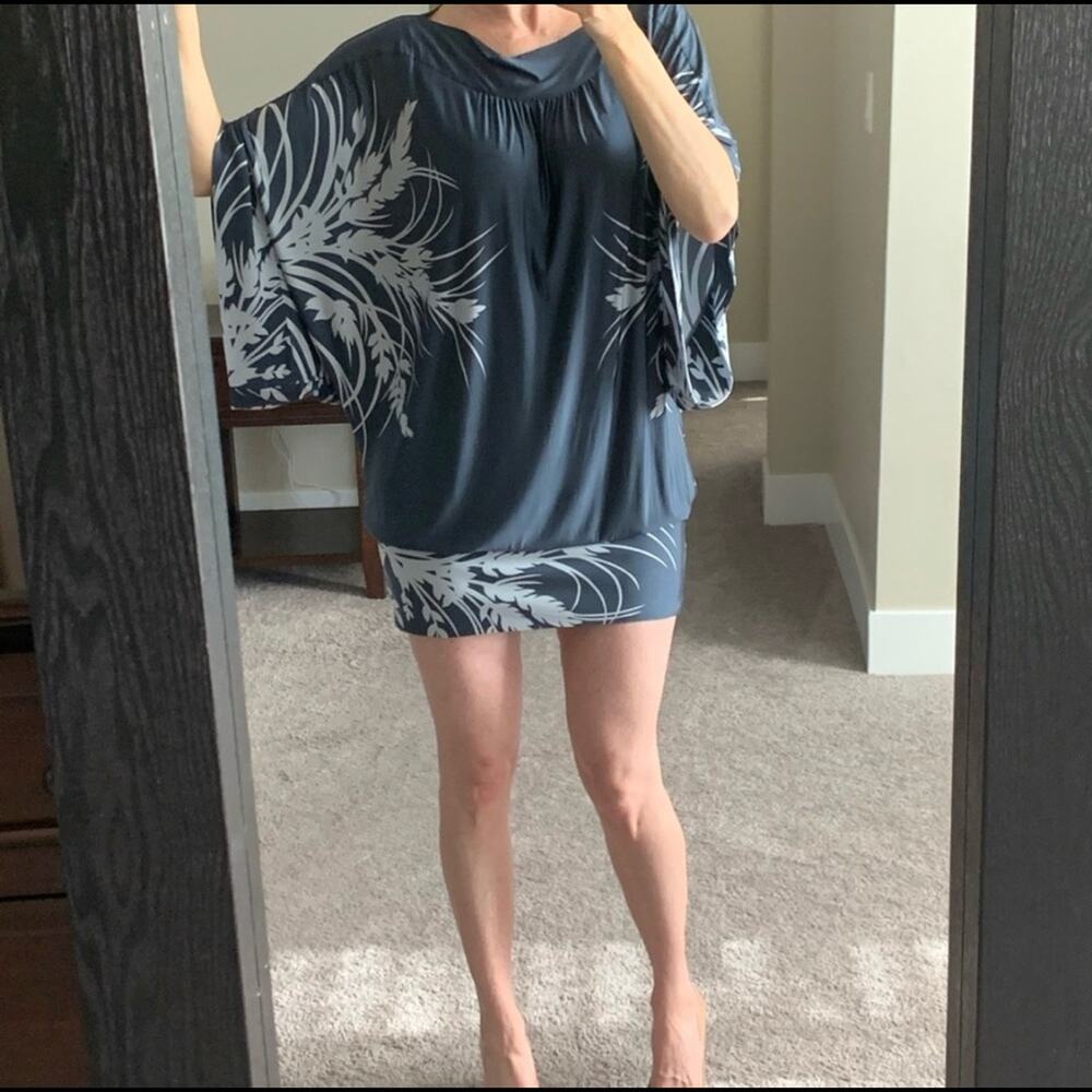 NWT BCBG MAXAZRIA Women's Charcoal Gray Blue Wide Sleeve Mini Dress